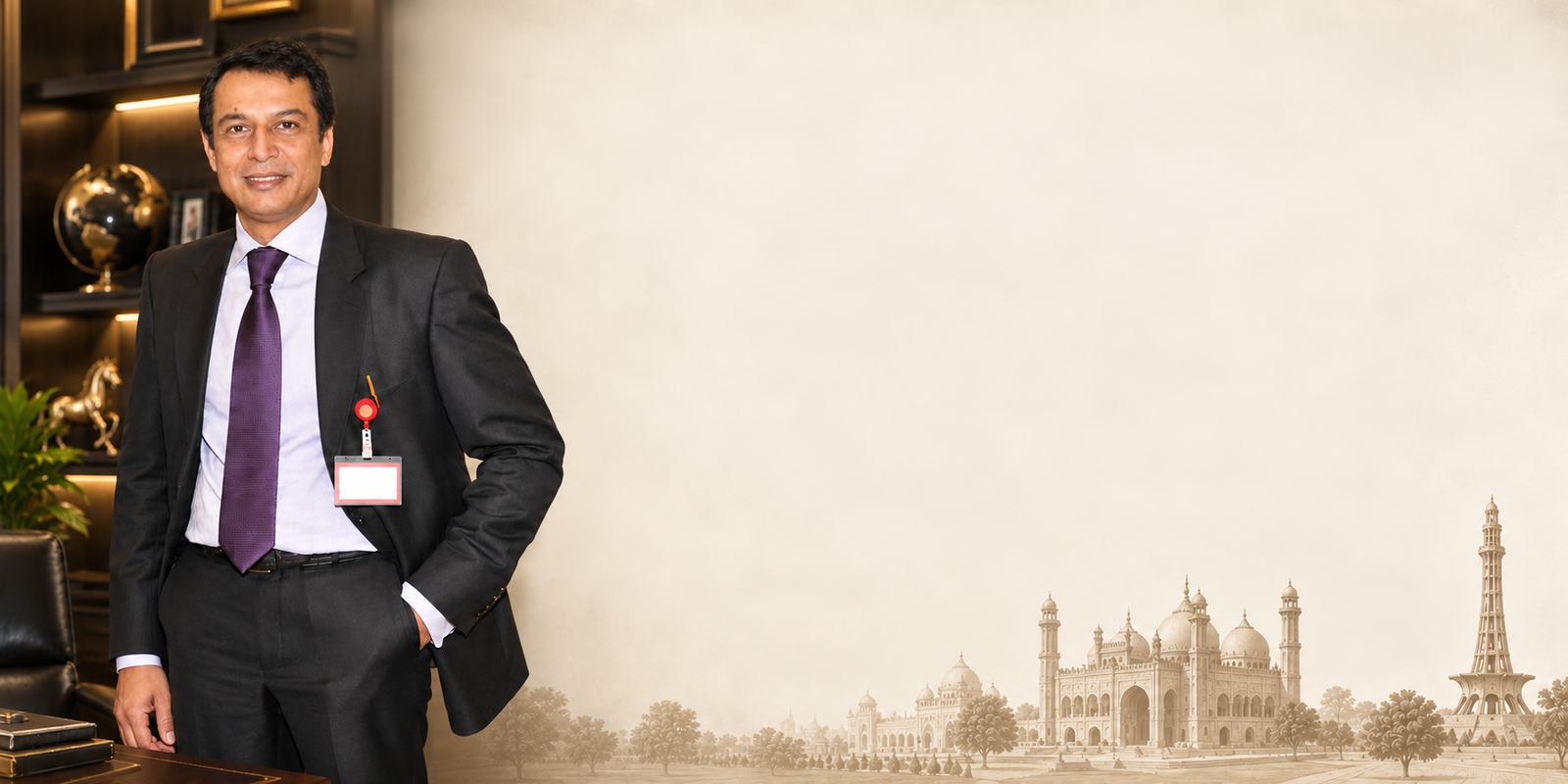 Portrait from the existing About page with Lahore landmarks